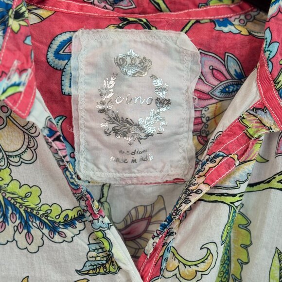 CINO Women’s Floral Button-Up Shirt Medium Multi-Color Coral Trim 100% Cotton Bo - Picture 3 of 4